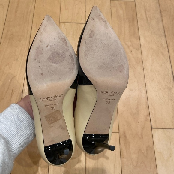 Jimmy Choo Patent Leather 133 Twist Nude Black Buckle Pointed Toe Heels Pumps 38 - Picture 4 of 16